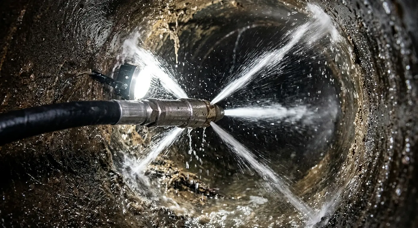 High-pressure hydro jetting nozzle cleaning sewer pipe for Emergency Drain Service in Lecanto