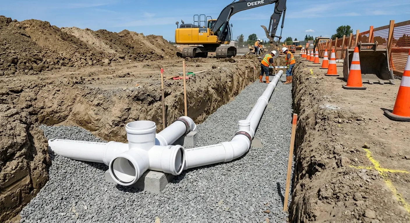 New PVC sewer pipe installation in open trench for Commercial Drain Cleaning in Lecanto