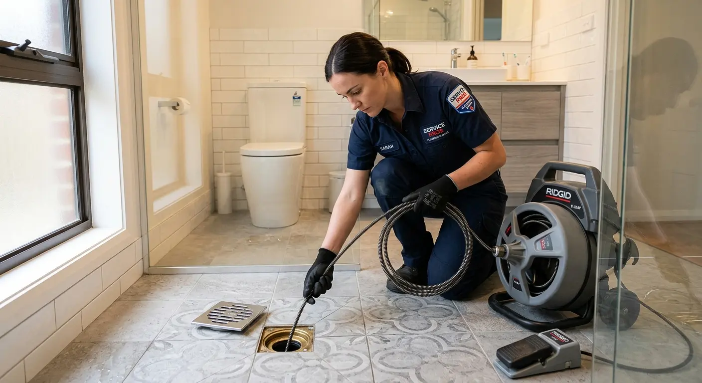 Technician clearing a bathroom floor drain for Clogged Drain Repair in Lecanto